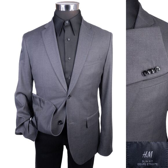 H&M Blazer Jacket Size 40R Slim Fit Gray Stretch Sport Coat Two Button Poly - Picture 1 of 13